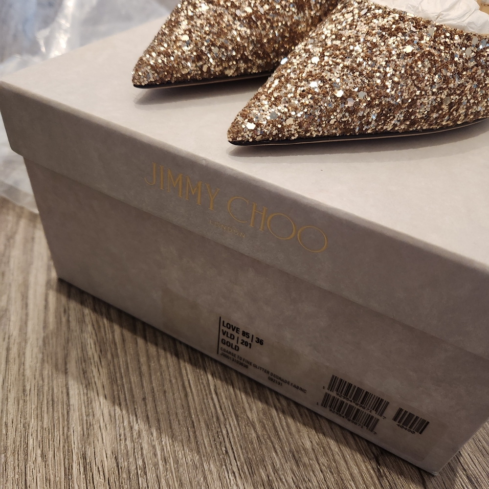 Jimmy Choo Gold Glitter Women's Heels - Picture 2 of 5